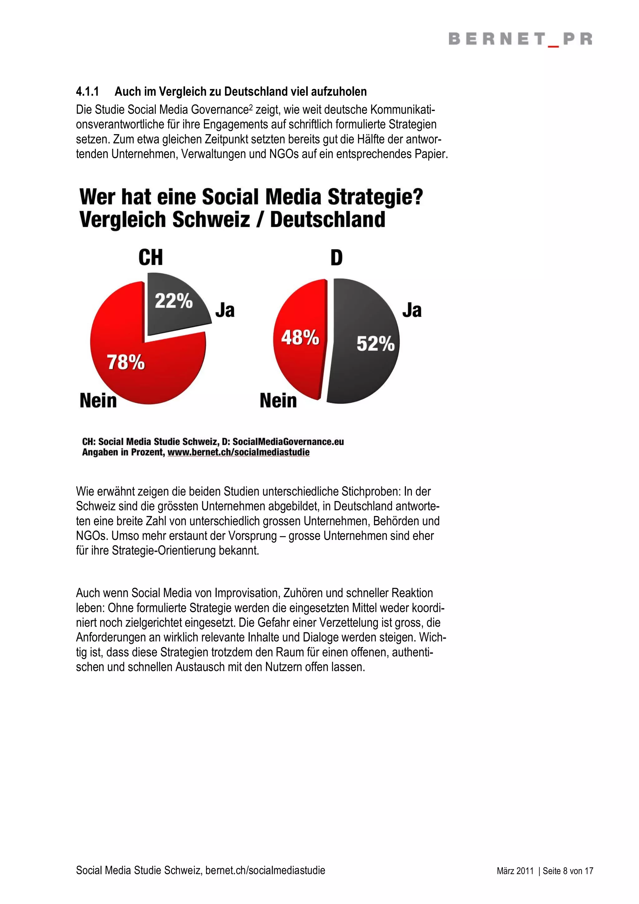 4.1.1 Auch im Vergleich zu Deutschland viel aufzuholen
Die Studie Social Media Governance2 zeigt, wie weit deutsche Kommunikati-
onsverantwortliche für ihre Engagements auf schriftlich formulierte Strategien
setzen. Zum etwa gleichen Zeitpunkt setzten bereits gut die Hälfte der antwor-
tenden Unternehmen, Verwaltungen und NGOs auf ein entsprechendes Papier.




Wie erwähnt zeigen die beiden Studien unterschiedliche Stichproben: In der
Schweiz sind die grössten Unternehmen abgebildet, in Deutschland antworte-
ten eine breite Zahl von unterschiedlich grossen Unternehmen, Behörden und
NGOs. Umso mehr erstaunt der Vorsprung – grosse Unternehmen sind eher
für ihre Strategie-Orientierung bekannt.


Auch wenn Social Media von Improvisation, Zuhören und schneller Reaktion
leben: Ohne formulierte Strategie werden die eingesetzten Mittel weder koordi-
niert noch zielgerichtet eingesetzt. Die Gefahr einer Verzettelung ist gross, die
Anforderungen an wirklich relevante Inhalte und Dialoge werden steigen. Wich-
tig ist, dass diese Strategien trotzdem den Raum für einen offenen, authenti-
schen und schnellen Austausch mit den Nutzern offen lassen.




Social Media Studie Schweiz, bernet.ch/socialmediastudie                            März 2011 | Seite 8 von 17
 