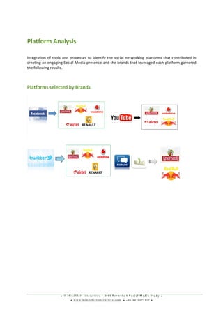 • © M i n d S h i f t I n t e r a c t i v e • 2 0 1 1 F o r m u l a 1 S o c i a l M e d i a S t u d y •
• w w w . m i n d s h i f t i n t e r a c t i v e . c o m • + 9 1 - 9 8 2 0 0 7 1 5 1 7 •
	
  
	
  
	
  
Platform	
  Analysis	
  
	
  
Integration	
  of	
  tools	
  and	
  processes	
  to	
  identify	
  the	
  social	
  networking	
  platforms	
  that	
  contributed	
  in	
  
creating	
  an	
  engaging	
  Social	
  Media	
  presence	
  and	
  the	
  brands	
  that	
  leveraged	
  each	
  platform	
  garnered	
  
the	
  following	
  results.	
  	
  
	
  
Platforms	
  selected	
  by	
  Brands	
  
	
  
	
  	
  	
  	
  	
  	
  	
  	
  	
  	
  	
  	
  	
  	
  	
  	
  	
  	
  	
  	
  	
  	
  	
  	
  	
  	
  
	
  
	
  
	
  
	
  
	
  
	
  
	
  
	
  
	
  
	
  
	
  
 