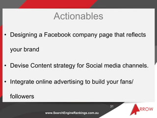 www.SearchEngineRankings.com.au
Actionables
• Designing a Facebook company page that reflects
your brand
• Devise Content ...