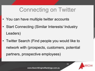 www.SearchEngineRankings.com.au
Connecting on Twitter
• You can have multiple twitter accounts
• Start Connecting (Similar...