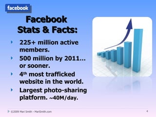 Facebook
     Stats & Facts:
     225+ million active
      members.
     500 million by 2011…
      or sooner.
     4th most trafficked
      website in the world.
     Largest photo-sharing
      platform. ~40M/day.

©2009 Mari Smith - MariSmith.com   4
 