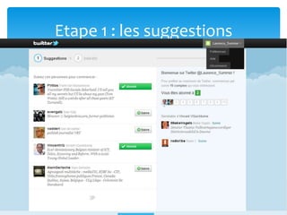 Etape 1 : créer son compteTwitter recherche des personnes que tu pourrais connaîtreTwitter te donne des sugegstions de personnes que tu pourrais trouver intéressantes à suivre Tu peux indiquer des domaines d’intérêts afin de trouver des personnes intéressantes à suivre SuggestionsIntérêtsAmisConfirme ton compte via ton adresse email!