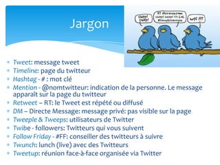 JargonTweet: message tweetTimeline: page du twitteurHashtag - # : mot cléMention - @nomtwitteur: indication de la personne. Le message apparaît sur la page du twitteurRetweet – RT: le Tweet est répété ou diffuséDM – Directe Message: message privé: pas visible sur la pageTweeple & Tweeps: utilisateurs de TwitterTwibe - followers: Twitteurs qui vous suiventFollow Friday - #FF: conseiller des twitteurs à suivreTwunch: lunch (live) avec des TwitteursTweetup: réunion face-à-face organisée via Twitter