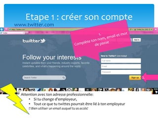 www.twitter.comEtape 1 : créer son compte 1.Complète ton nom, email et mot de passe2.Attention avec ton adresse professionnelle: Si tu change d’employeur, 