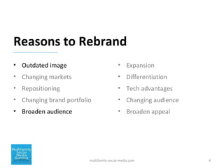 Reasons to Rebrand
• Outdated image
• Changing markets
• Repositioning
• Changing brand portfolio
• Broaden audience
multi...