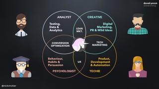 PSYCHOLOGIST
Behaviour,  
Habits & 
Persuasion
ANALYST
Testing,  
Data &
Analytics
TECHIE
Product,
Development
& Automation
CREATIVE
Digital  
Marketing, 
PR & Wild Ideas
@nickvinckier
TECH  
MARKETING
UX
CONVERSION 
OPTIMIZATION
LEAN 
MKT.
 