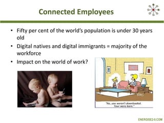 Connected Employees
• Fifty per cent of the world’s population is under 30 years
old
• Digital natives and digital immigrants = majority of the
workforce
• Impact on the world of work?

ENERGISE2-0.COM

 