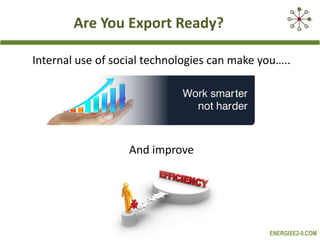 Are You Export Ready?
Internal use of social technologies can make you…..

And improve

ENERGISE2-0.COM

 