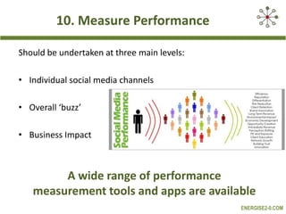 10. Measure Performance
Should be undertaken at three main levels:
• Individual social media channels
• Overall ‘buzz’
• Business Impact

A wide range of performance
measurement tools and apps are available
ENERGISE2-0.COM

 