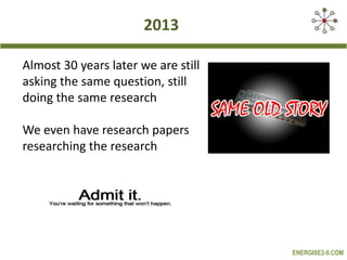 2013
Almost 30 years later we are still
asking the same question, still
doing the same research
We even have research papers
researching the research

ENERGISE2-0.COM

 