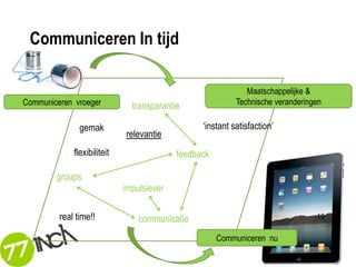 Communiceren In tijd

                                                              Maatschappelijke &
Communiceren vroeger           transparantie               Technische veranderingen

               gemak                             ‘instant satisfaction’
                             relevantie
             flexibiliteit                 feedback

        groups
                             impulsiever

         real time!!             communicatie                                    19


                                                      Communiceren nu
 
