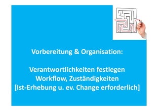 Vorbereitung & Organisation:
Verantwortlichkeiten festlegen
V
t
tli hk it f tl
Workflow, Zuständigkeiten
Workflow, Zuständigkeiten
[Ist‐Erhebung u. ev. Change erforderlich] 

 