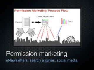 Permission marketing
eNewsletters, search engines, social media
 