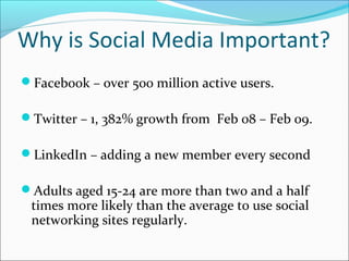 Why is Social Media Important?
Facebook – over 500 million active users.
Twitter – 1, 382% growth from Feb 08 – Feb 09.
LinkedIn – adding a new member every second
Adults aged 15-24 are more than two and a half
times more likely than the average to use social
networking sites regularly.
 