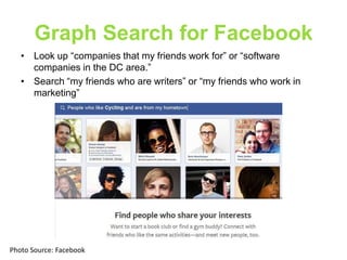 Graph Search for Facebook
• Look up “companies that my friends work for” or “software
companies in the DC area.”
• Search “my friends who are writers” or “my friends who work in
marketing”

Photo Source: Facebook

 