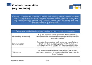 Content communities
 (e.g. Youtube)


 Content communities offer the possibility of sharing media content between
  users. They exist for a wide range of different media types including text
  (e.g. Bookcrossing), photos (e.g. FlickR), videos (e.g. Youtube), and PPT
                       presentations (e.g. Slideshare).



      Exemplary marketing functions performed via content communities
                              E.g. the alcoholic spirits producer, Absolut Wodka,
 Relationship marketing     strengthens its customer relationships through its own
                                                Youtube channel

                            E.g. several companies, such as the car manufacturer
 Communication                BMW, put their company profile in PPT format on
                             Slideshare ready to use for the interested consumer


                             E.g. the computer manufacturer Apple (via ITunes)
 Distribution               proposes consumers to buy their favorite song directly
                                               from Youtube



Andreas M. Kaplan                      2010                                          12
 