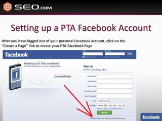 Setting up a PTA Facebook AccountAfter you have logged out of your personal Facebook account, click on the “Create a Page” link to create your PTA Facebook Page