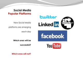 Social Media Popular PlatformsNew Social Media platforms are emerging each day Which ones will be successful? Which ones will not?