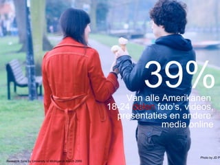 39% Van alle Amerikanen  18-24  delen  foto’s, videos, presentaties en andere  media online Research done by University of Michigan in March 2009 Photo by JD Pilgrim 