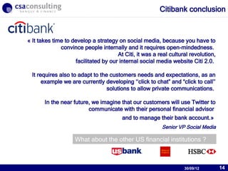 Citibank conclusion



« It takes time to develop a strategy on social media, because you have to
              convince people internally and it requires open-mindedness.
                                      At Citi, it was a real cultural revolution,
                    facilitated by our internal social media website Citi 2.0.

  It requires also to adapt to the customers needs and expectations, as an
       example we are currently developing ‘‘click to chat” and “click to call’’
                                  solutions to allow private communications.

       In the near future, we imagine that our customers will use Twitter to
                         communicate with their personal financial advisor
                                        and to manage their bank account.»
                                                         Senior VP Social Media

                    What about the other US financial institutions ?

                                                              30/09/12


                                                                   30/09/12         14
 