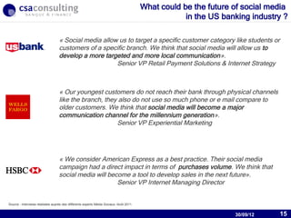 What could be the future of social media
                                                                                                    in the US banking industry ?

                                  «Social media allow us to target a specific customer category like students or
                                  customers of a specific branch. We think that social media will allow us to
                                  develop a more targeted and more local communication».
                                                      Senior VP Retail Payment Solutions & Internet Strategy



                                  «Our youngest customers do not reach their bank through physical channels
                                  like the branch, they also do not use so much phone or e mail compare to
                                  older customers. We think that social media will become a major
                                  communication channel for the millennium generation».
                                                       Senior VP Experiential Marketing




                                  «We consider American Express as a best practice. Their social media
                                  campaign had a direct impact in terms of purchases volume. We think that
                                  social media will become a tool to develop sales in the next future».
                                                       Senior VP Internet Managing Director

                                                                                                              30/09/12
Source : Interviews réalisées auprès des différents experts Média Sociaux, Août 2011.


                                                                                                                   30/09/12   15
 