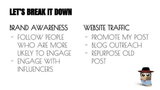 LET’S BREAK IT DOWN 
BRAND AWARENESS 
- FOLLOW PEOPLE 
WHO ARE MORE 
LIKELY TO ENGAGE 
- ENGAGE WITH 
INFLUENCERS 
WEBSITE TRAFFIC 
- PROMOTE MY POST 
- BLOG OUTREACH 
- REPURPOSE OLD 
POST 
 