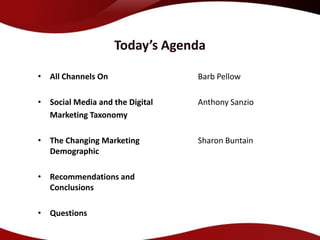 Today’s Agenda

• All Channels On                Barb Pellow

• Social Media and the Digital   Anthony Sanzio
  Marketing Taxonomy

• The Changing Marketing         Sharon Buntain
  Demographic

• Recommendations and
  Conclusions

• Questions
 