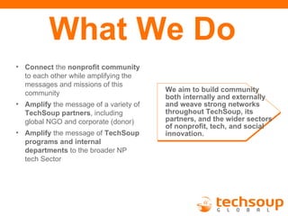 What We Do
• Connect the nonprofit community
  to each other while amplifying the
  messages and missions of this
  community                             We aim to build community
                                        both internally and externally
• Amplify the message of a variety of   and weave strong networks
  TechSoup partners, including          throughout TechSoup, its
  global NGO and corporate (donor)      partners, and the wider sectors
                                        of nonprofit, tech, and social
• Amplify the message of TechSoup       innovation.
  programs and internal
  departments to the broader NP
  tech Sector
 