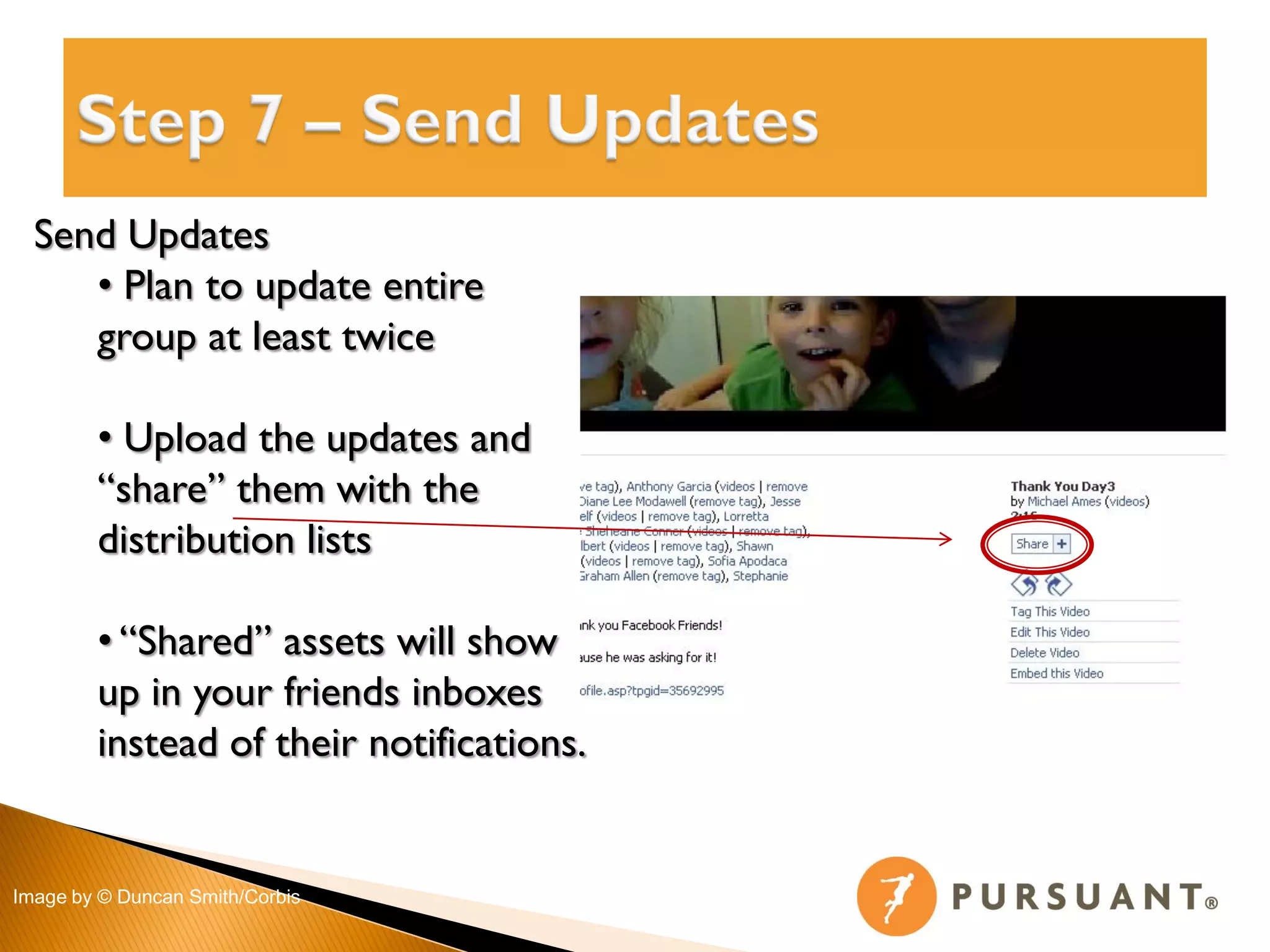 Send Updates
     • Plan to update entire
     group at least twice

        • Upload the updates and
        “share” them with the
        distribution lists

        • “Shared” assets will show
        up in your friends inboxes
        instead of their notifications.


Image by © Duncan Smith/Corbis
 