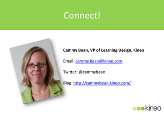 Connect!


Cammy Bean, VP of Learning Design, Kineo

Email: cammy.bean@kineo.com

Twitter: @cammybean

Blog: http://cammybean.kineo.com/
 