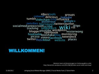 WILLKOMMEN!

                                                        Weiteren Input und Anmerkungen zur Vorlesung gibt es unter
                                        http://danielrehn.wordpress.com/2011/08/28/slides-social-media-tools-baw/


21.08.2011   Lehrgang Social Media Manager (BAW) // Social Media Tools // Daniel Rehn                                2
 