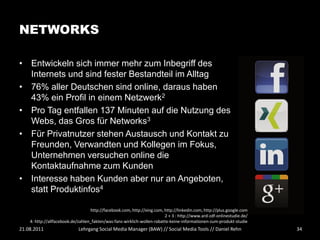 NETWORKS

• Entwickeln sich immer mehr zum Inbegriff des
  Internets und sind fester Bestandteil im Alltag
• 76% aller Deutschen sind online, daraus haben
  43% ein Profil in einem Netzwerk2
• Pro Tag entfallen 137 Minuten auf die Nutzung des
  Webs, das Gros für Networks3
• Für Privatnutzer stehen Austausch und Kontakt zu
  Freunden, Verwandten und Kollegen im Fokus,
  Unternehmen versuchen online die
  Kontaktaufnahme zum Kunden
• Interesse haben Kunden aber nur an Angeboten,
  statt Produktinfos4

                                   http://facebook.com, http://xing.com, http://linkedin.com, http://plus.google.com
                                                                         2 + 3 : http://www.ard-zdf-onlinestudie.de/
    4: http://allfacebook.de/zahlen_fakten/was-fans-wirklich-wollen-rabatte-keine-informationen-zum-produkt-studie
21.08.2011                  Lehrgang Social Media Manager (BAW) // Social Media Tools // Daniel Rehn                   34
 
