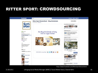 RITTER SPORT: CROWDSOURCING




                                                           https://www.facebook.com/RitterSportDeutschland

21.08.2011   Lehrgang Social Media Manager (BAW) // Social Media Tools // Daniel Rehn                        36
 