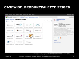 CASEWISE: PRODUKTPALETTE ZEIGEN




                                      https://picasaweb.google.com/110769350668074206983/CasewiseProdukte

21.08.2011   Lehrgang Social Media Manager (BAW) // Social Media Tools // Daniel Rehn                       53
 