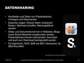 DATENSHARING

• Hochladen und Teilen von Präsentationen,
  Vorträgen und Dokumenten
• Expertise zeigen, Wissen teilen, Austausch
  fördern, Mehrwert schaffen, Meinungsführer
  werden
• Slides und Dokumente können in Websites, Blogs
  sowie Social Networks eingebunden werden,
  Präsentationen können kommentiert, favorisiert
  und auch zum Download bereitgestellt werden
• Für Agenturen, NGO, B2B wie B2C interessant, da
  SEO-freundlich


                                                      http://slideshare.net, http://scribd.com



21.08.2011   Lehrgang Social Media Manager (BAW) // Social Media Tools // Daniel Rehn            55
 