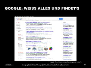 GOOGLE: WEISS ALLES UND FINDET‘S




                                                       http://profilwerkstatt.mediaquell.com/tag/social-media/

21.08.2011   Lehrgang Social Media Manager (BAW) // Social Media Tools // Daniel Rehn                            77
 