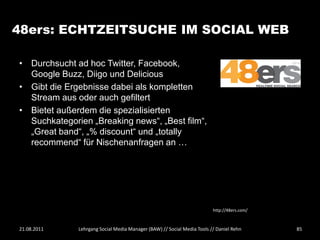 48ers: ECHTZEITSUCHE IM SOCIAL WEB

• Durchsucht ad hoc Twitter, Facebook,
  Google Buzz, Diigo und Delicious
• Gibt die Ergebnisse dabei als kompletten
  Stream aus oder auch gefiltert
• Bietet außerdem die spezialisierten
  Suchkategorien „Breaking news“, „Best film“,
  „Great band“, „% discount“ und „totally
  recommend“ für Nischenanfragen an …




                                                                         http://48ers.com/



21.08.2011    Lehrgang Social Media Manager (BAW) // Social Media Tools // Daniel Rehn       85
 