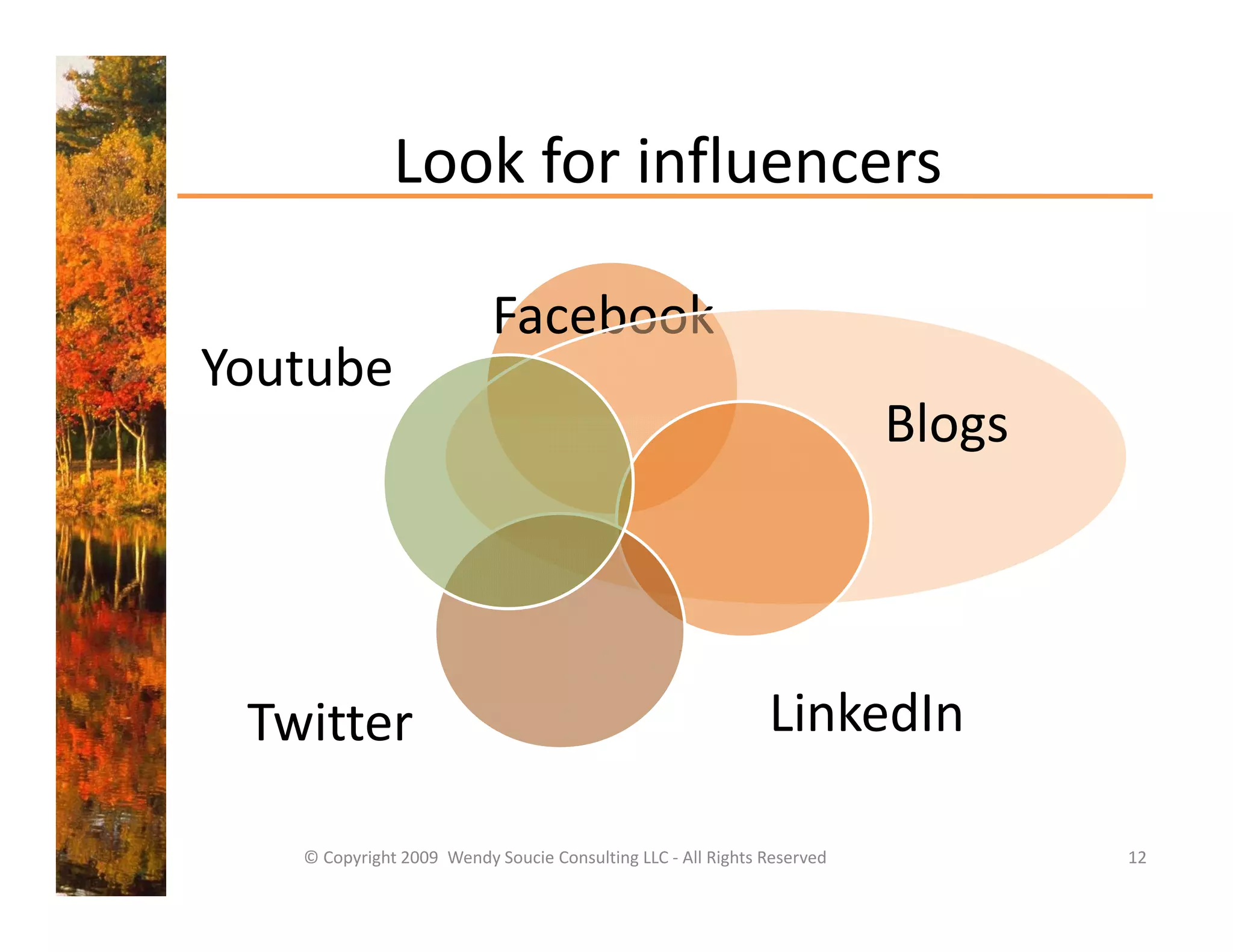 Look for influencers
              Look for influencers

                           Facebook
                               b k
Youtube
                                                                         Blogs




 Twitter                                                      LinkedIn

   © Copyright 2009  Wendy Soucie Consulting LLC ‐ All Rights Reserved           12
 