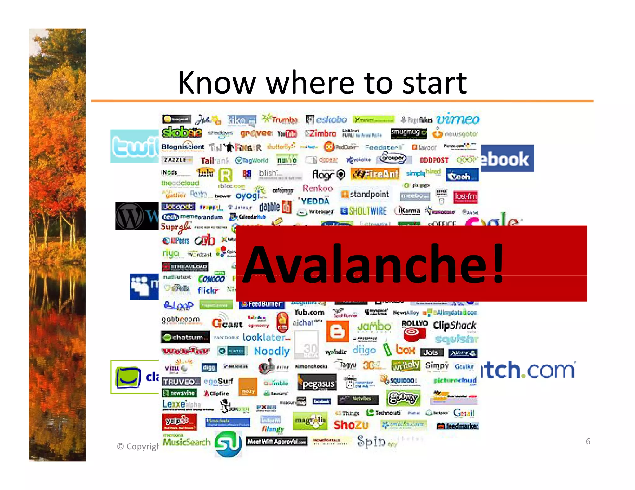Know where to start 
               Know where to start




                               Avalanche!

                                                                      6
© Copyright 2009  Wendy Soucie Consulting LLC ‐ All Rights Reserved
 