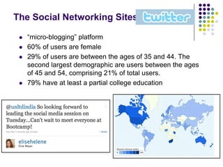 The Social Networking Sites:Largest social networking site57% of Facebook users are femaleLargest demographic, at 27%, is between the ages of 45 and 54.Second largest, at 25%, are between the ages of 35 and 44.65% have had at least a partial college education