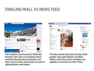 TIMELINE/WALL VS NEWS FEED




The Timeline (new format) or Wall (old         The News Feed shows the activity of the
format) is the area on Facebook where          people and organizations members
members/brands post comments and               follow, while very active members see
their current status and location as well as   updates in real-time on their Ticker.
upload photos and videos.
 