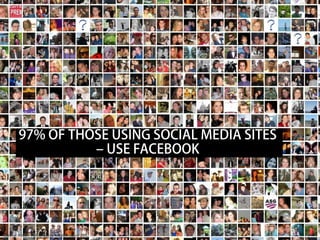 97% OF THOSE USING SOCIAL MEDIA SITES
                  – USE FACEBOOK




Source: AIMIA Yellow Social Media Report 2012
 