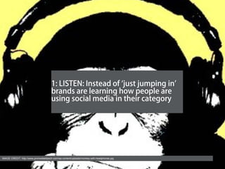 1: LISTEN: Instead of ‘just jumping in’
                                       brands are learning how people are
                                       using social media in their category




IMAGE CREDIT: http://www.promediaklipsch.com/wp-content/uploads/monkey-with-headphones.jpg
 