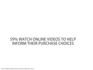 59% WATCH ONLINE VIDEOS TO HELP
                 INFORM THEIR PURCHASE CHOICES




Source: Nielsen Australian Online Consumer Report 2011‐2012
 