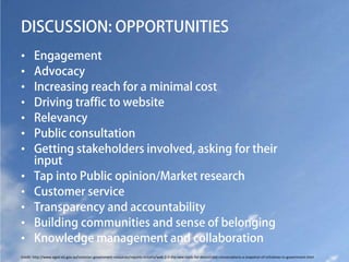 DISCUSSION: OPPORTUNITIES
•      Engagement
•      Advocacy
•      Increasing reach for a minimal cost
•      Driving traffic to website
•      Relevancy
•      Public consultation
•      Getting stakeholders involved, asking for their
       input
•      Tap into Public opinion/Market research
•      Customer service
•      Transparency and accountability
•      Building communities and sense of belonging
•      Knowledge management and collaboration
Credit: http://www.egov.vic.gov.au/victorian-government-resources/reports-victoria/web-2-0-the-new-tools-for-democratic-conversations-a-snapshot-of-initiatives-in-government.html
 