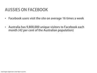 AUSSIES ON FACEBOOK

       • Facebook users visit the site on average 16 times a week

       • Australia has 9,800,000 unique visitors to Facebook each
         month (42 per cent of the Australian population)




ExactTarget’s Digital Down Under Report July 2012
 