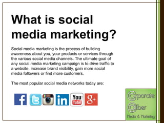 What is social
media marketing?
Social media marketing is the process of building
awareness about you, your products or services through
the various social media channels. The ultimate goal of
any social media marketing campaign is to drive traffic to
a website, increase brand visibility, gain more social
media followers or find more customers.
The most popular social media networks today are:

 