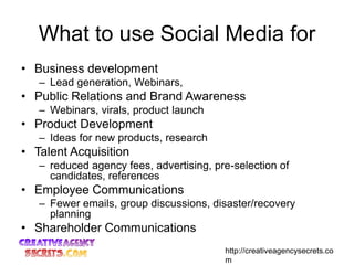 What to use Social Media for<br />Business development<br />Lead generation, Webinars, <br />Public Relations and Brand Aw...