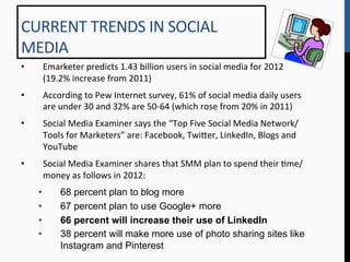 CURRENT	
  TRENDS	
  IN	
  SOCIAL	
  
MEDIA	
  
•     Emarketer	
  predicts	
  1.43	
  billion	
  users	
  in	
  social	
  media	
  for	
  2012	
  
      (19.2%	
  increase	
  from	
  2011)	
  
•     According	
  to	
  Pew	
  Internet	
  survey,	
  61%	
  of	
  social	
  media	
  daily	
  users	
  
      are	
  under	
  30	
  and	
  32%	
  are	
  50-­‐64	
  (which	
  rose	
  from	
  20%	
  in	
  2011)	
  	
  
•     Social	
  Media	
  Examiner	
  says	
  the	
  “Top	
  Five	
  Social	
  Media	
  Network/
      Tools	
  for	
  Marketers”	
  are:	
  Facebook,	
  Twi[er,	
  LinkedIn,	
  Blogs	
  and	
  
      YouTube	
  
•     Social	
  Media	
  Examiner	
  shares	
  that	
  SMM	
  plan	
  to	
  spend	
  their	
  9me/
      money	
  as	
  follows	
  in	
  2012:	
  
     •       68 percent plan to blog more
     •       67 percent plan to use Google+ more
     •       66 percent will increase their use of LinkedIn
     •       38 percent will make more use of photo sharing sites like
             Instagram and Pinterest
 