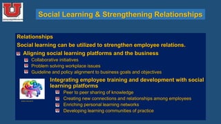 Social Learning & Strengthening Relationships
Relationships
Social learning can be utilized to strengthen employee relations.
• Aligning social learning platforms and the business
• Collaborative initiatives
• Problem solving workplace issues
• Guideline and policy alignment to business goals and objectives
Integrating employee training and development with social
learning platforms
• Peer to peer sharing of knowledge
• Creating new connections and relationships among employees
• Enriching personal learning networks
• Developing learning communities of practice
www.moscavi.it
 